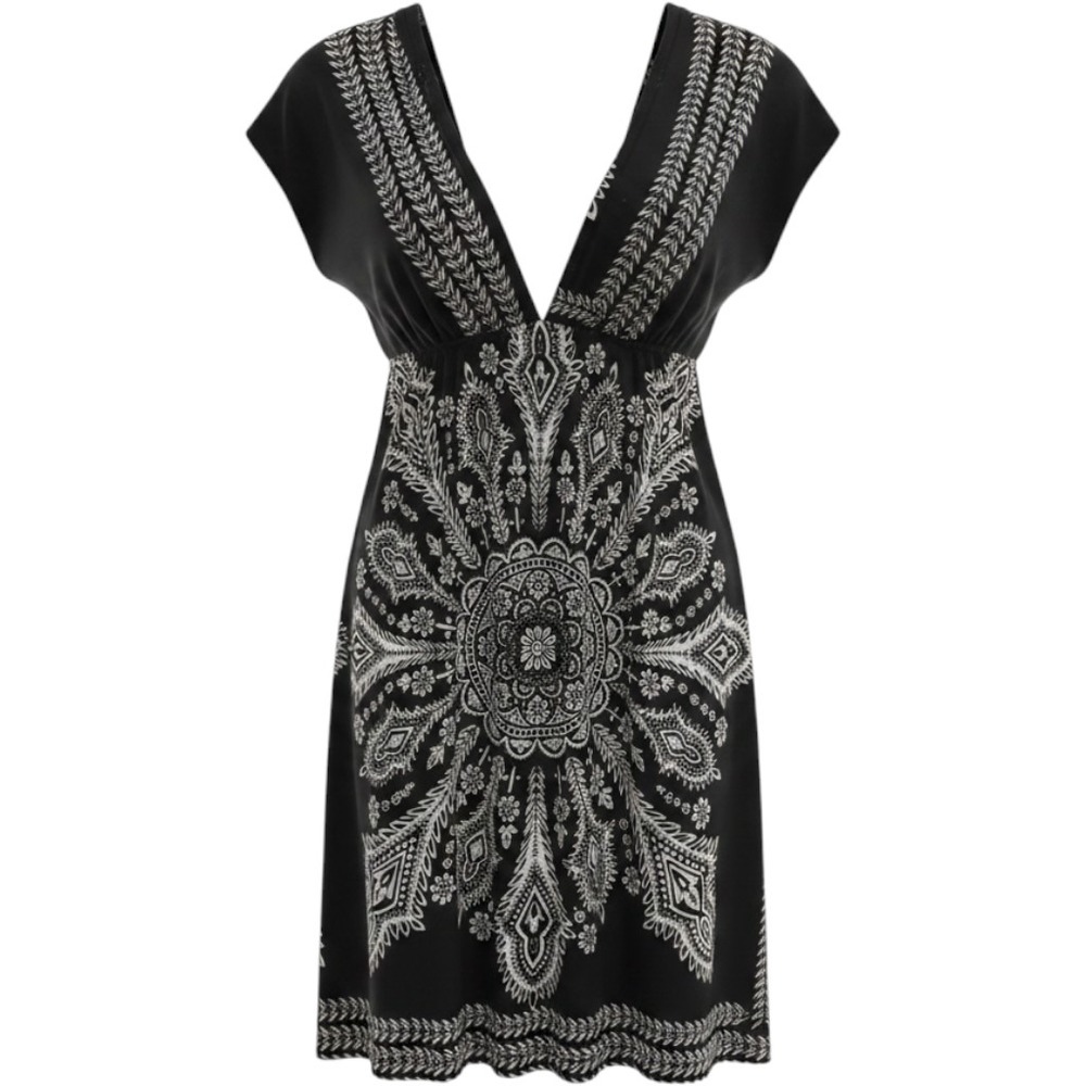 Varga Womens Black White Paisley Mandala‎ Deep V Neck Empire Waist Mini Dress M